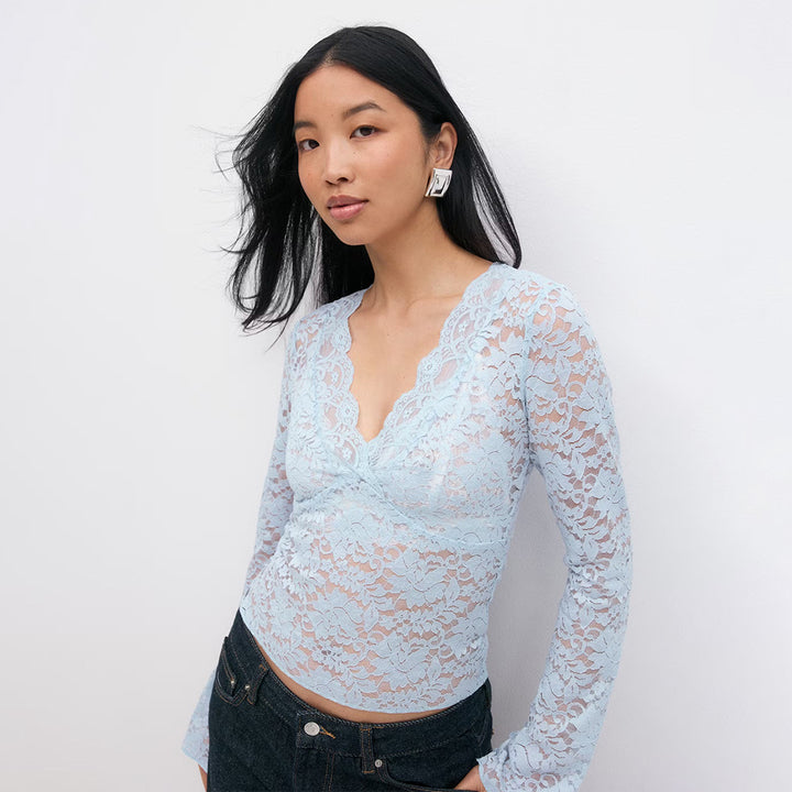 Damen Spitzenshirt mit tiefem V-Ausschnitt und langen Ärmeln Drune