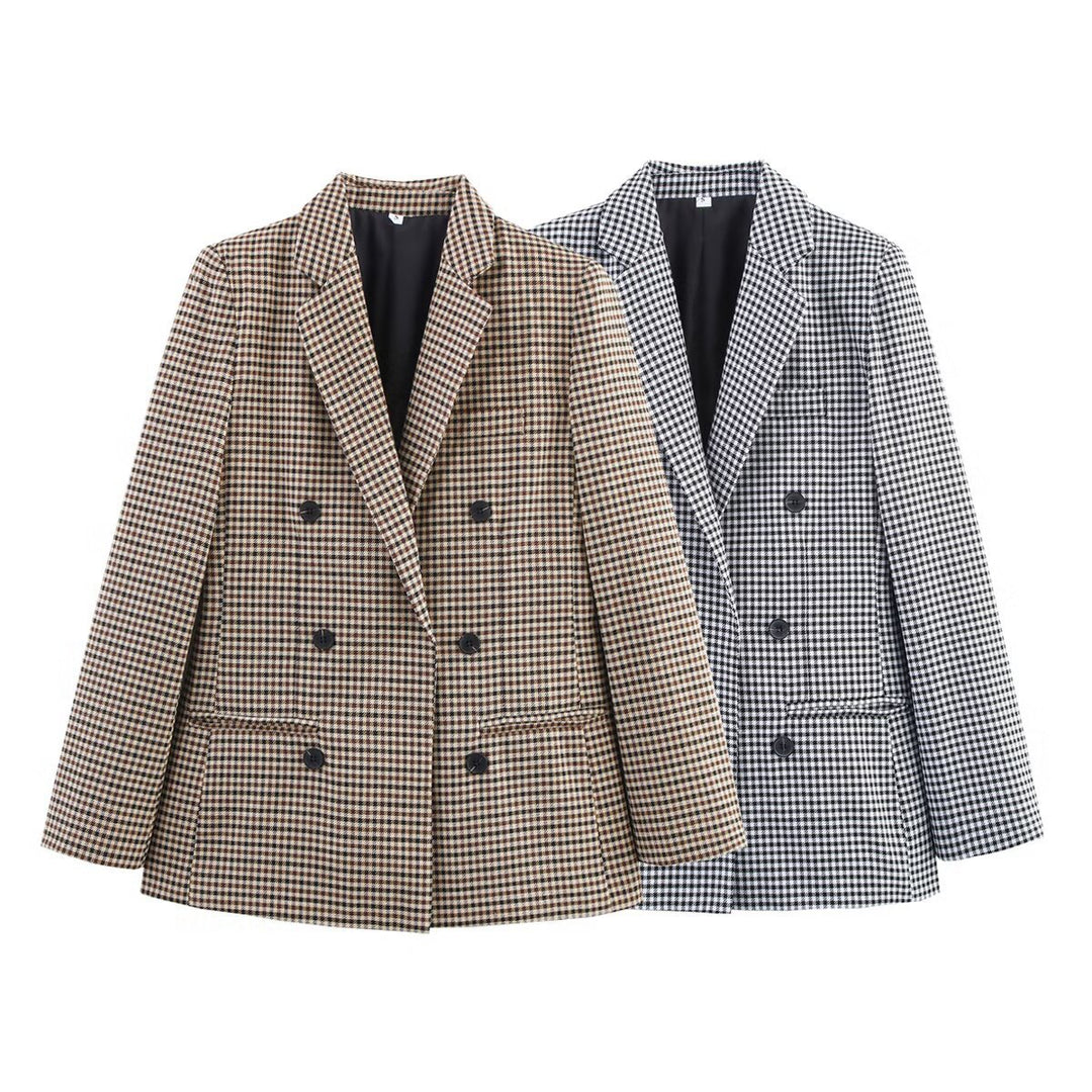 Damen karierter Blazer mit doppelter Knopfleiste und strukturiertem Stoff Drune