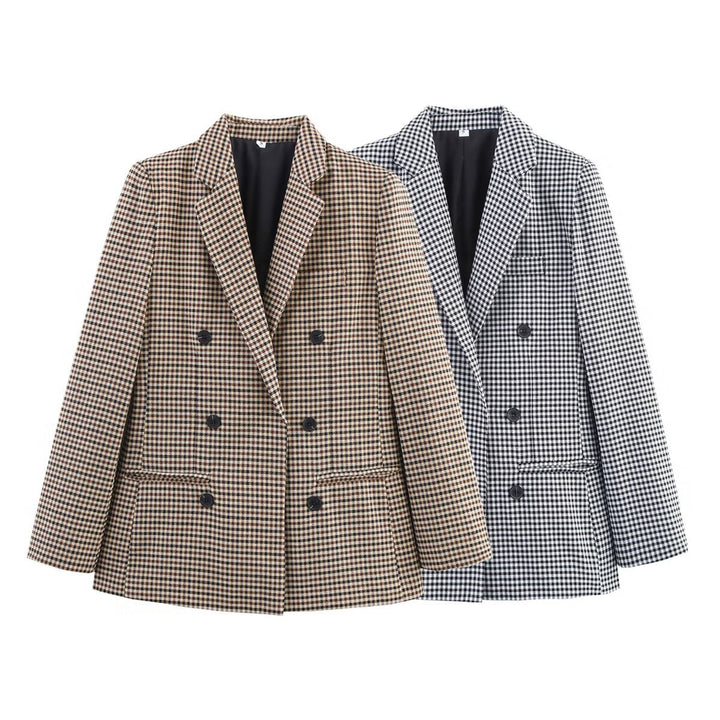 Damen karierter Blazer mit doppelter Knopfleiste und strukturiertem Stoff Drune