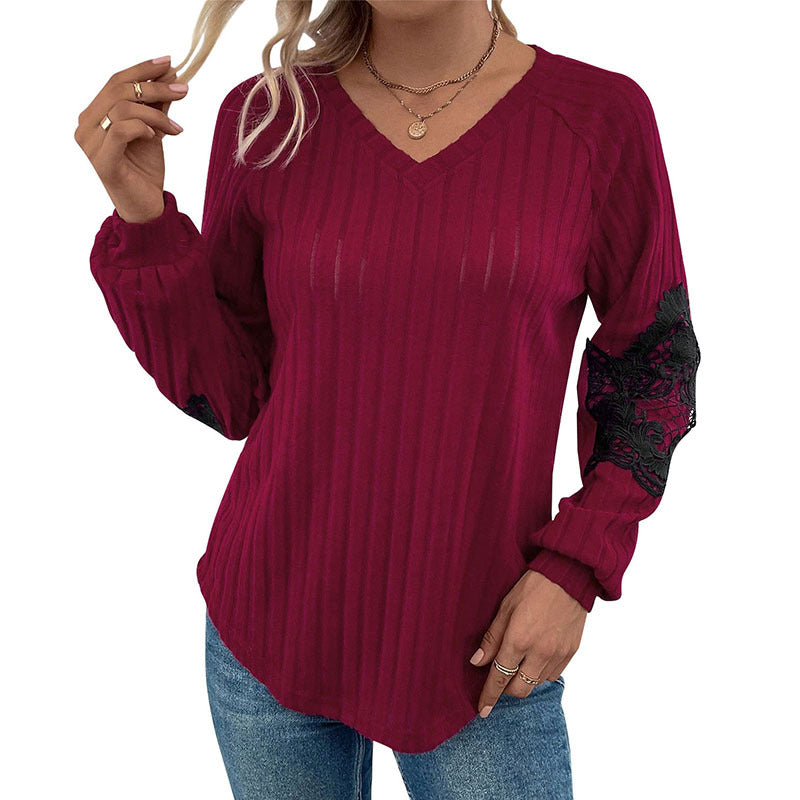 Damen Eleganter V-Ausschnitt Pullover mit Spitzen-Ärmeldetails Drune
