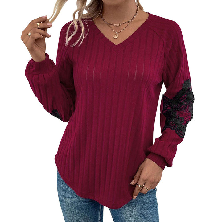Damen Eleganter V-Ausschnitt Pullover mit Spitzen-Ärmeldetails Drune