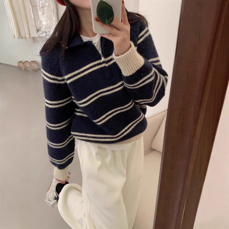 Damen Strickpullover mit Halbreißverschluss und gestreiftem Design Drune