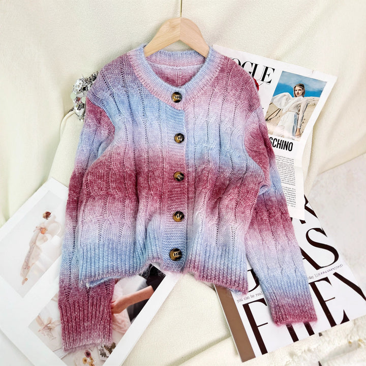 Damen elegante Strickjacke mit modischem Zopfmuster und farbverlauf Drune