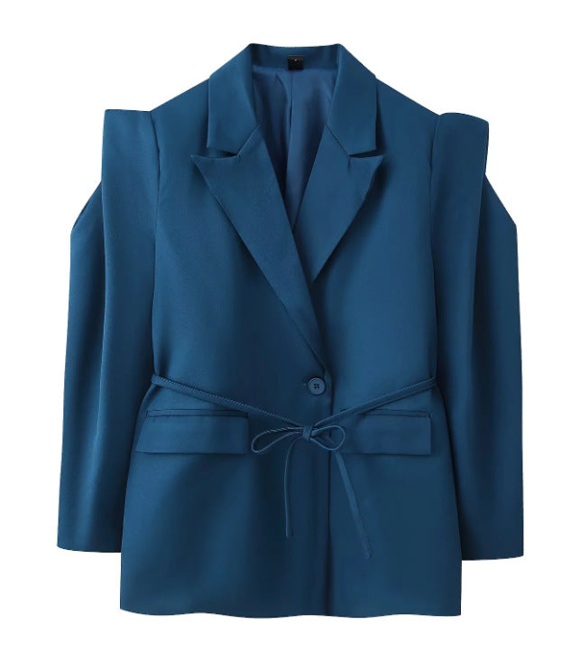 Damen nan taillierter Blazer mit Bindegürtel, Reverskragen und Schulterpolstern Drune