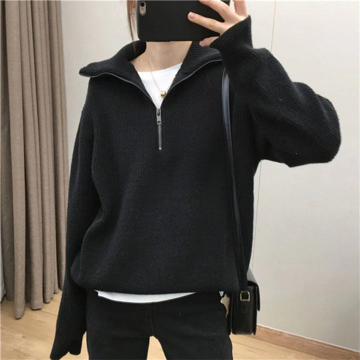 Damen Strickpullover mit hohem Kragen und halbem Reißverschluss Drune