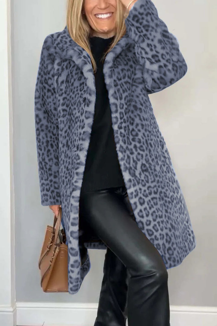 Damen Flauschige Leopardmuster Jacke mit hohem Kragen Drune
