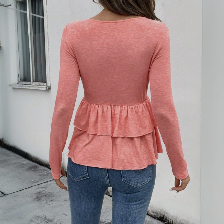 Damen Langarm-Blusenshirt mit Rüschendetails und Knopfleiste Drune