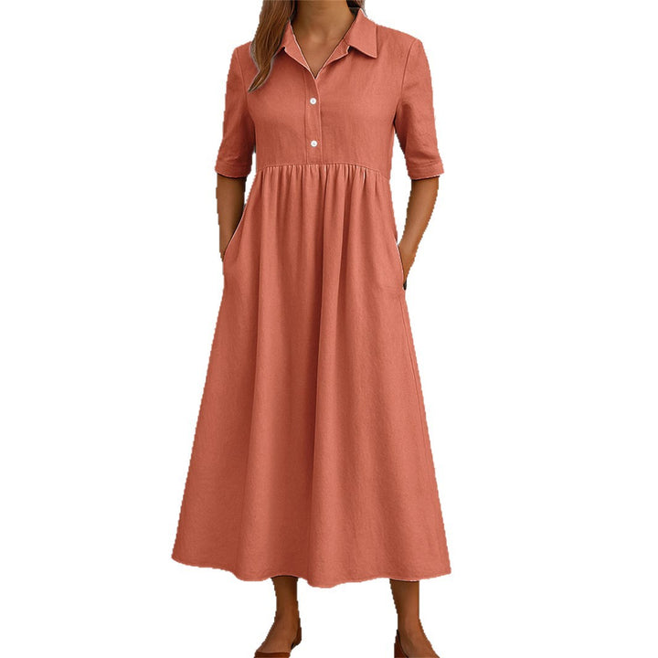 Damen legeres Midi-Kleid mit Knopfleiste und Taschen Drune