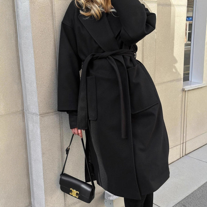 Damen Eleganter Übergangsmantel mit breitem Revers und Gürteldetail Drune