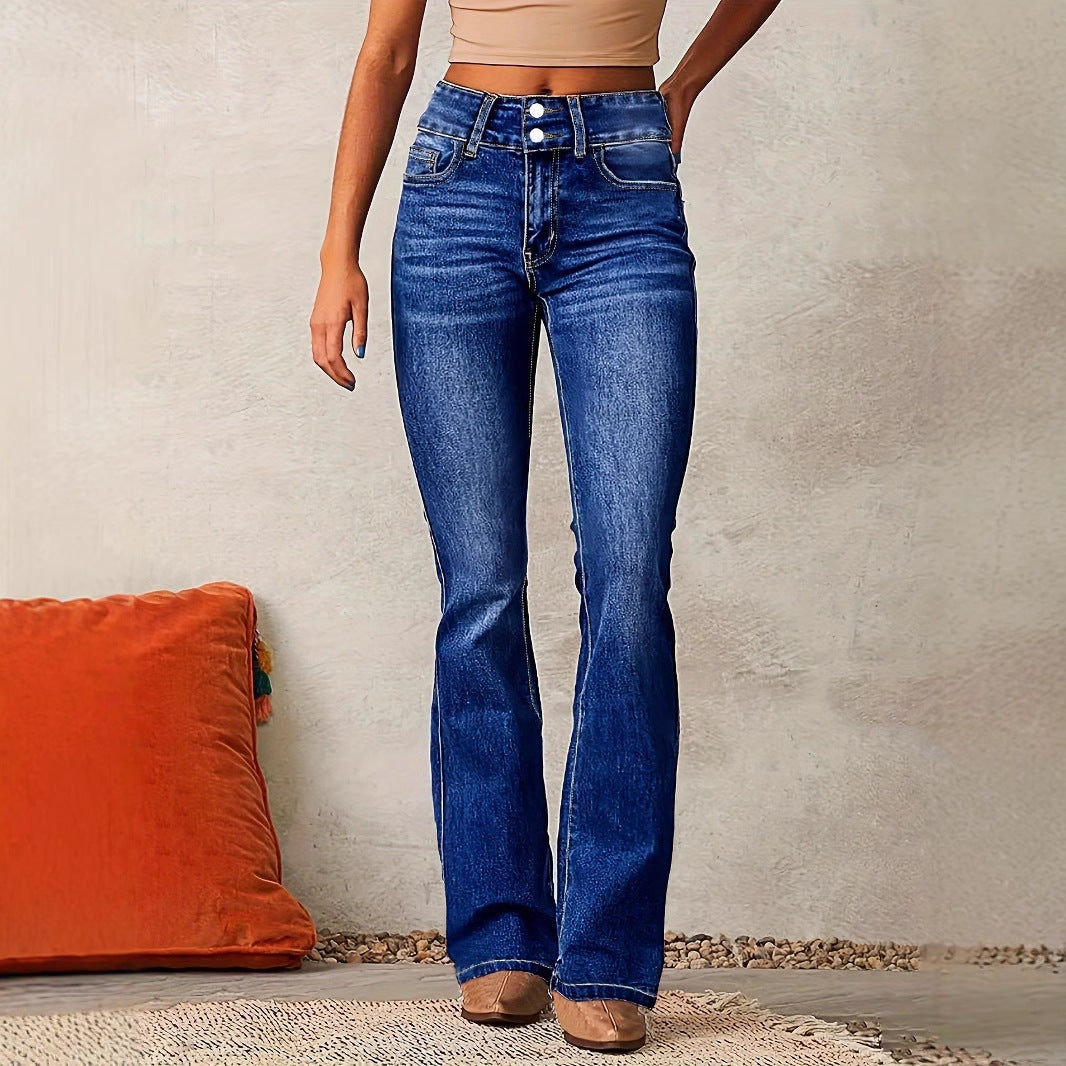 Damen Hohe Taille Flared Jeans mit dekorativen Knopfdetails und figurschmeichelndem Schnitt Drune