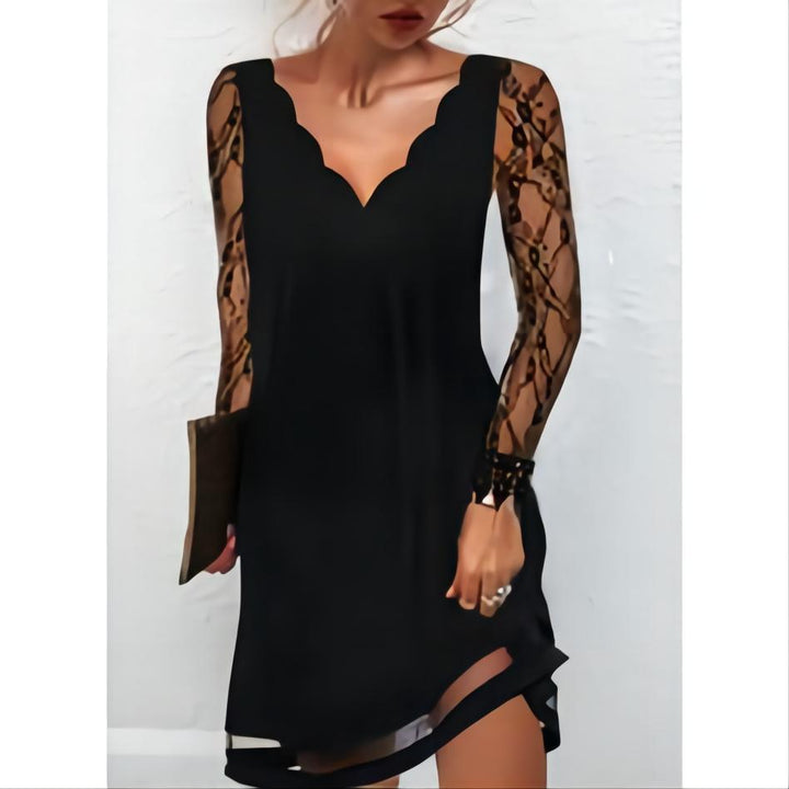 Damen Spitzenkleid mit V-Ausschnitt und eleganten Ärmeln Drune