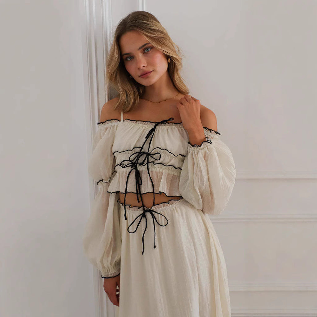 Damen luftiges Crop-Top mit Rüschen und Bindegürtel Drune