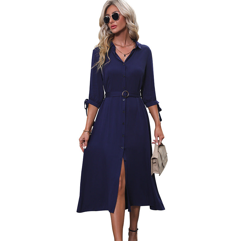 Damen Hemdblusenkleid mit elegantem Taillengürtel und seitlichem Schlitz Drune