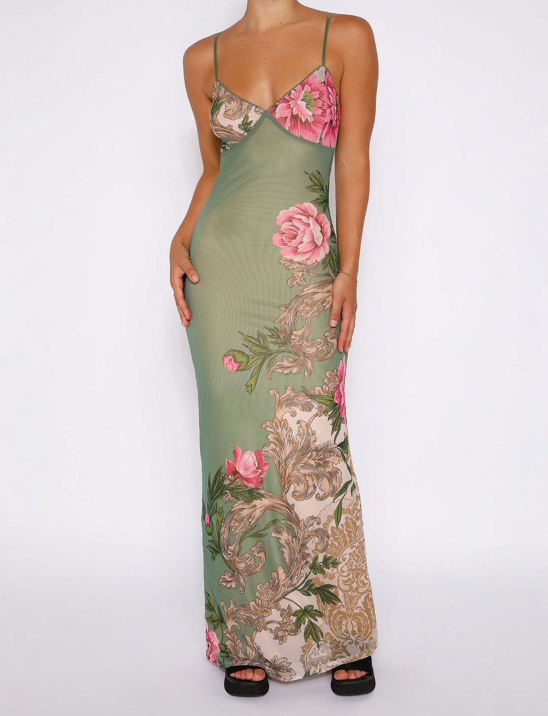 Damen elegantes Maxikleid mit floralen Akzenten und feinen Spaghettiträgern Drune