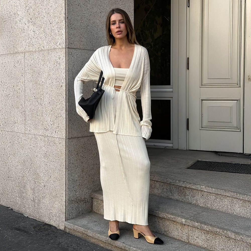 Damen Elegantes Strickensemble mit Überschlagjacke und langem Rock Drune