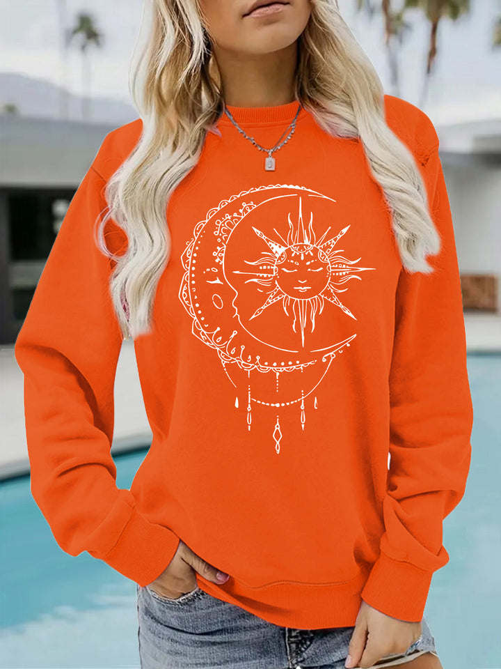 Damen Sweatshirt mit künstlerischem Sonnen- und Mondmotiv Drune