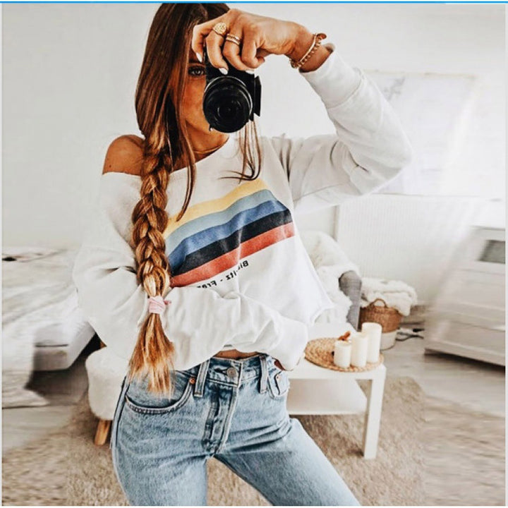 Damen Off-Shoulder Sweatshirt mit farblich abgesetztem Streifenmuster Drune