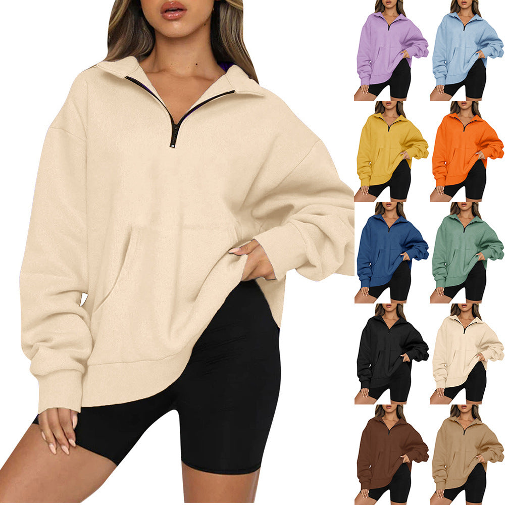 Damen Oversized Sweatshirt mit halbem Reißverschluss und Kapuze Drune