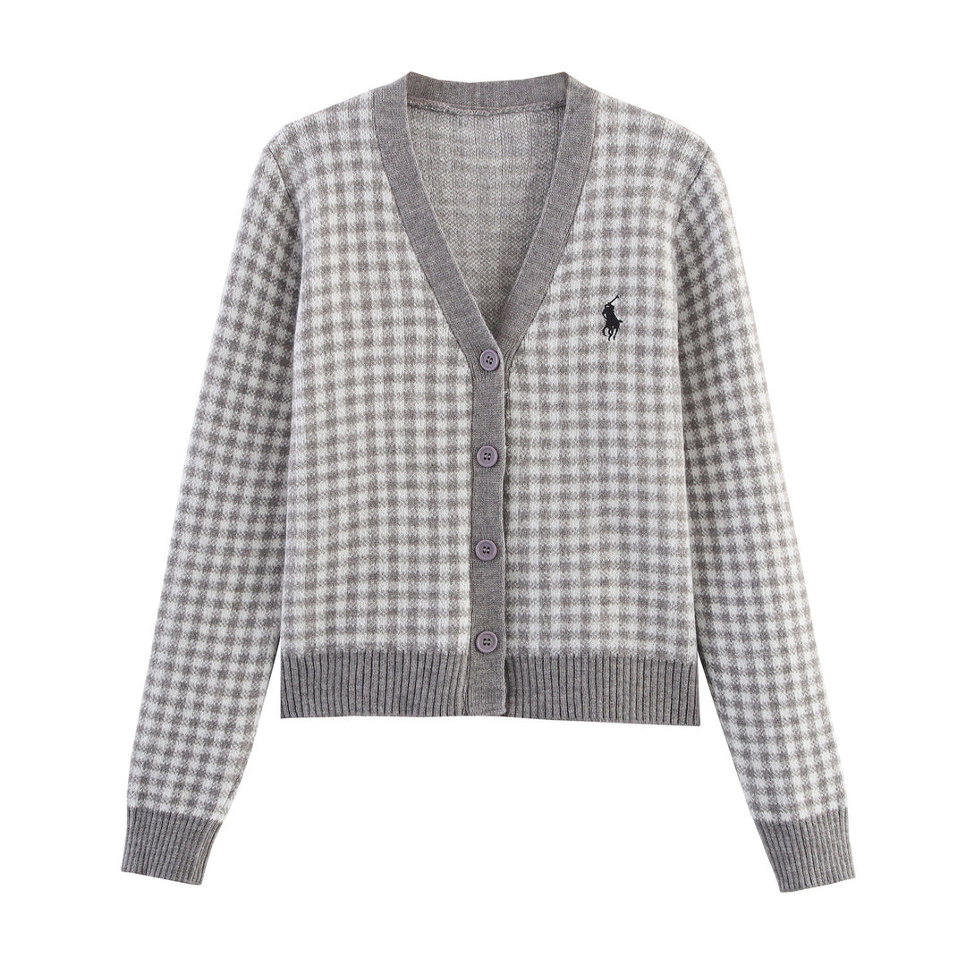 Damen Strickjacke mit Karomuster und Knopfdetails Drune