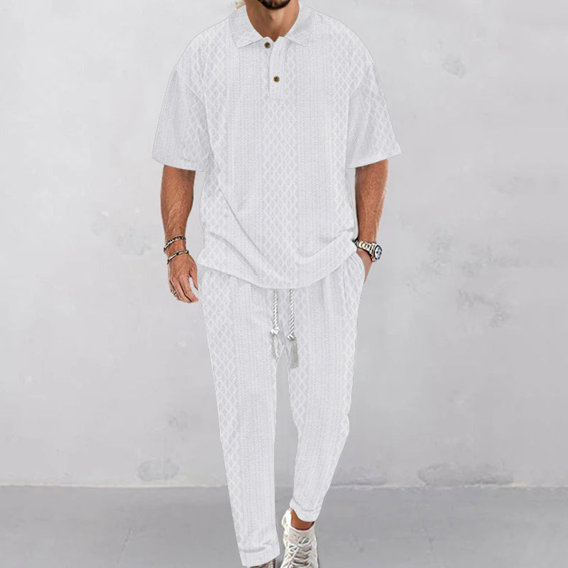 Herren nan Jacquard-Loungewear-Set mit Polokragen Kordelzugbund und konisch geschnittener Jogginghose Drune