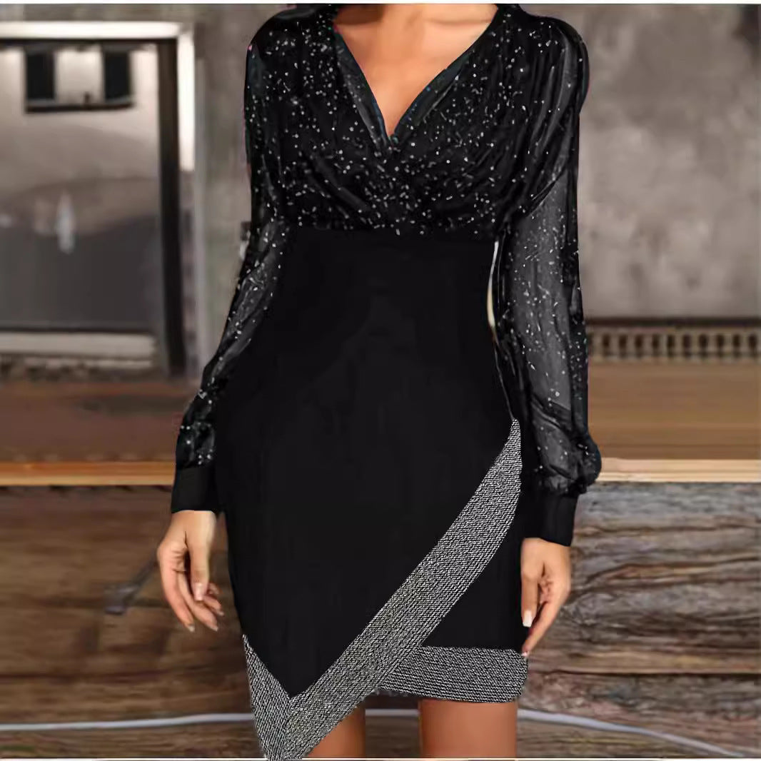 Damen Glamouröses Abendkleid mit funkelnden Ärmeln und asymmetrischem Schnitt Drune