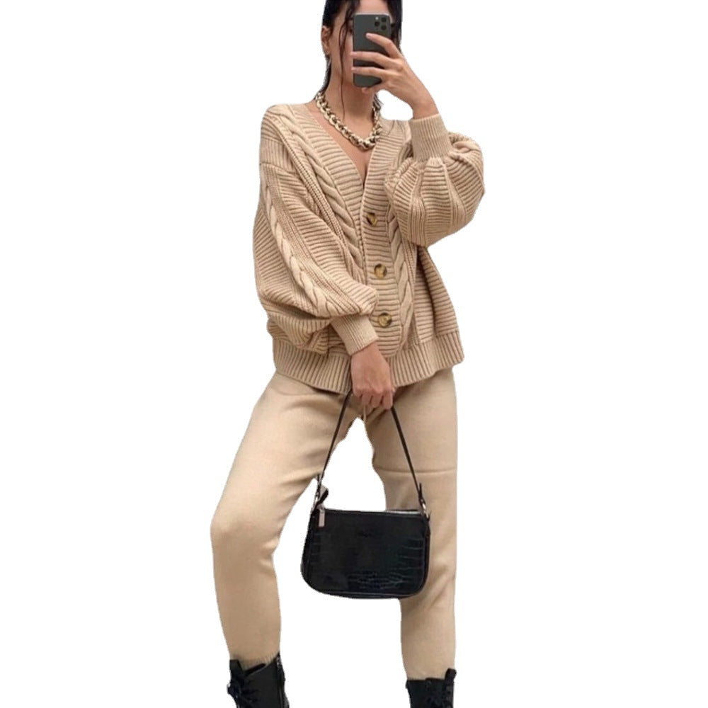 Damen Grobstrickjacke mit V-Ausschnitt und Knöpfen Drune