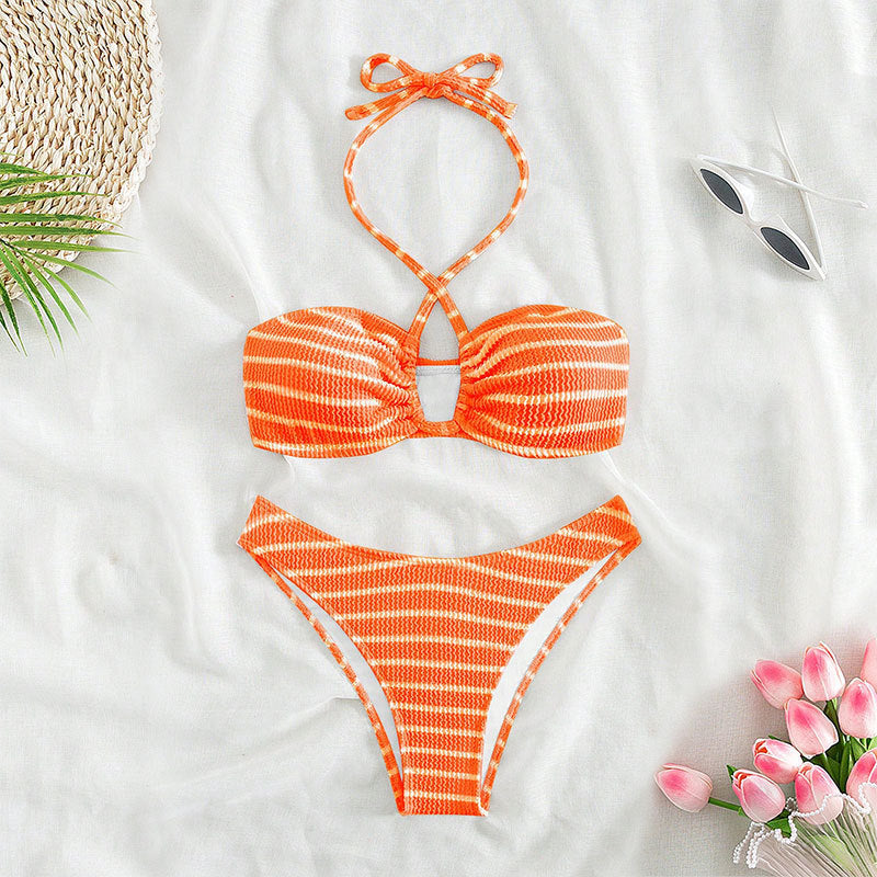 Damen zweiteiliger Bikini mit geflochtenem Oberteil und hohem Beinausschnitt Drune