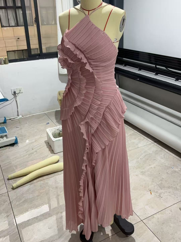 Damen Elegantes plissiertes Maxikleid mit asymmetrischem Design Drune