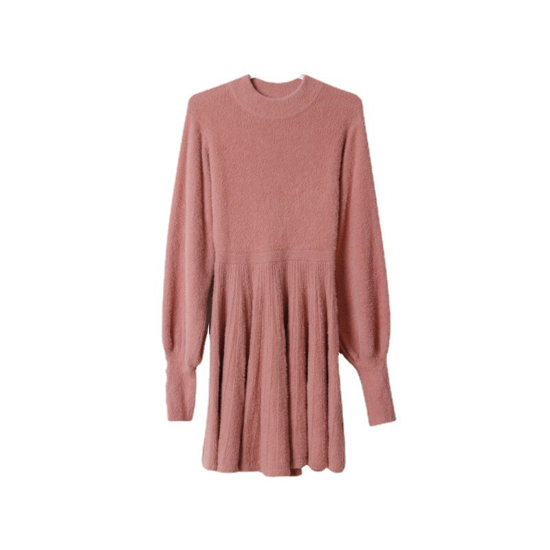 Damen Strickkleid mit modischen Puffärmeln und Knopfdetails Drune