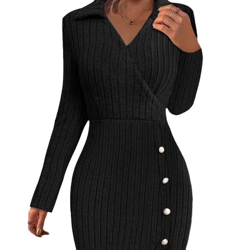 Damen Strickkleid mit V-Ausschnitt und Knopfdetails Drune
