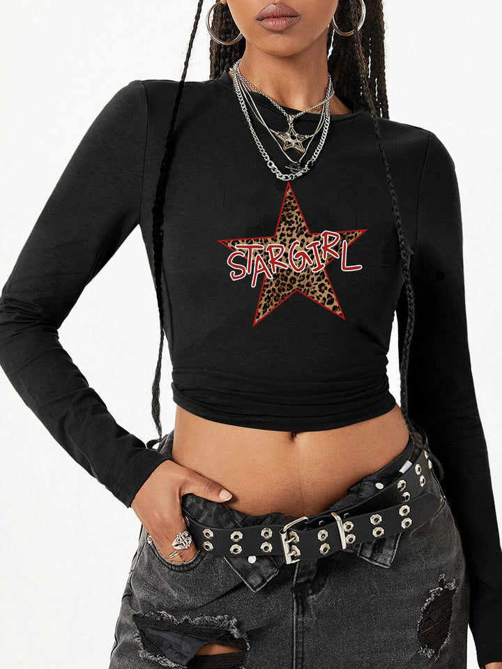 Damen nan figurbetontes Langarmshirt mit niedlichem Gänse-Print, Rundhalsausschnitt und leichtem Stretch Drune