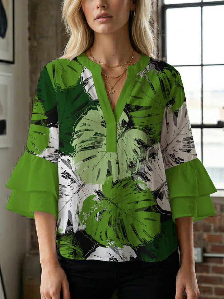 Damen Bluse mit voluminösen Flügelärmel und intensivem Blattmuster Drune