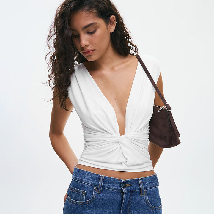 Damen elegantes Wickeloberteil mit tiefem V-Ausschnitt und raffinierter Drapierung Drune