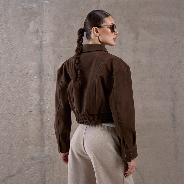 Damen Modische Wildlederjacke im cropped Stil mit praktischen Taschen Drune