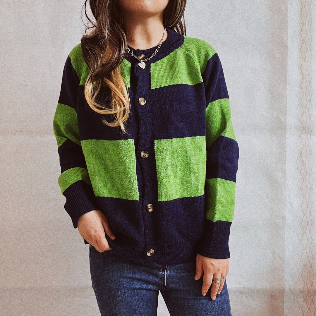 Damen lässige Strickjacke mit modischem Blockstreifenmuster und hochwertigen Knöpfen Drune