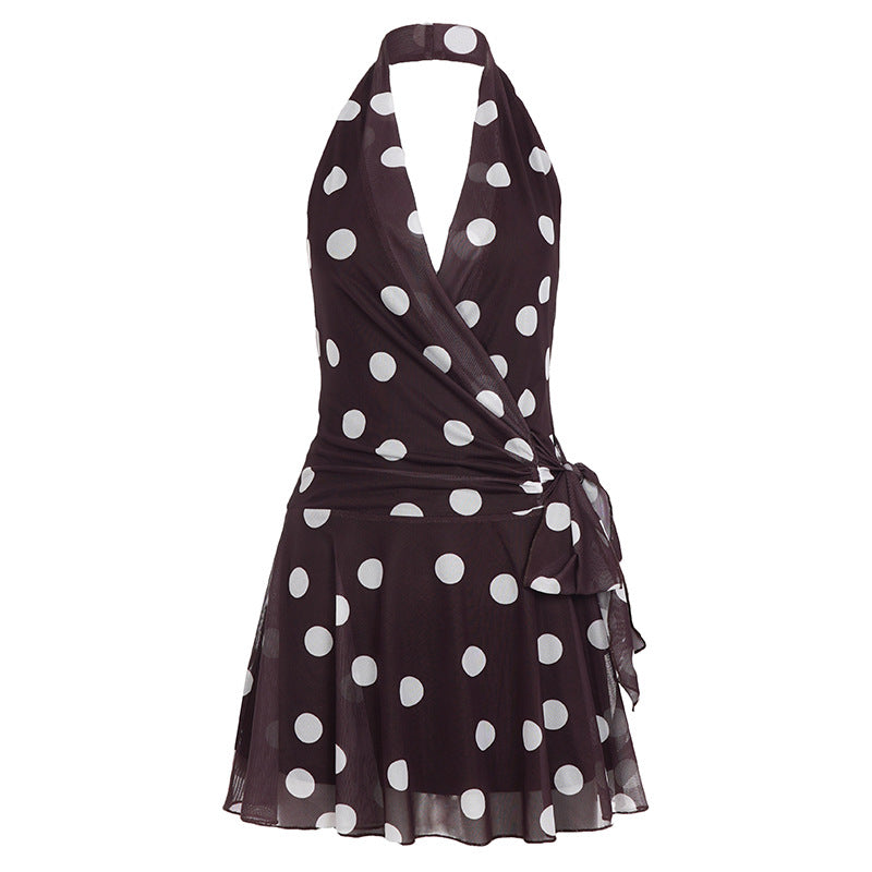 Damen Wickelkleid mit Polka-Dots und verspieltem Taillengürtel Drune