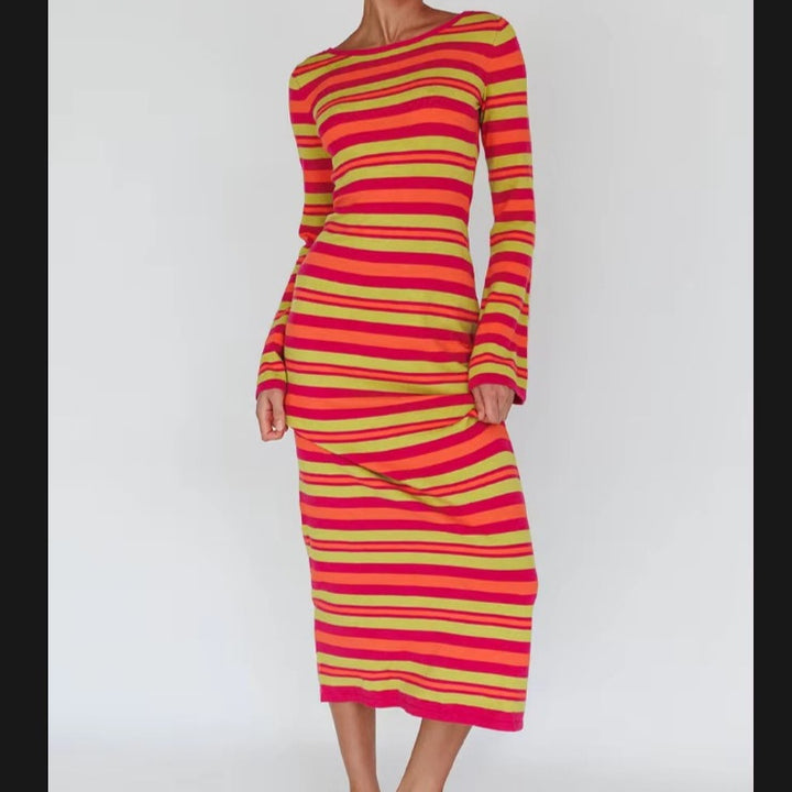 Damen Langarm-Kleid im modischen Streifenlook Drune