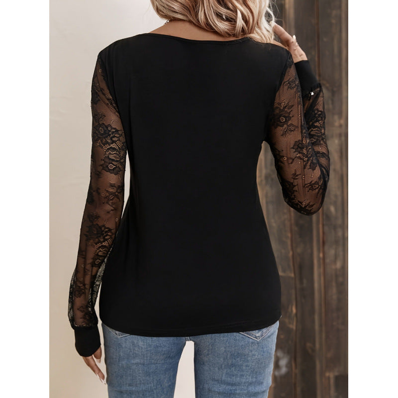 Damen Elegantes Oberteil mit transparenten Spitzenärmeln und tiefem V-Ausschnitt Drune