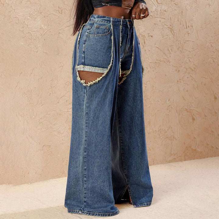Damen Distressed Wide-Leg-Jeans mit Cut-Out-Details Drune