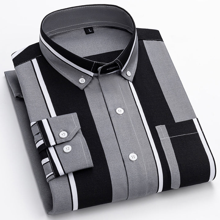 Herren nan gestreiftes Business-Hemd mit Button-Down-Kragen, Brusttasche und bügelleichtem Baumwollmix Drune