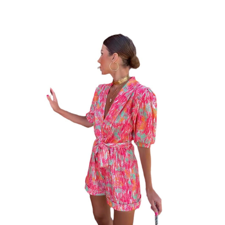 Damen modischer Jumpsuit mit modernen Puffärmeln und buntem Grafikdesign Drune