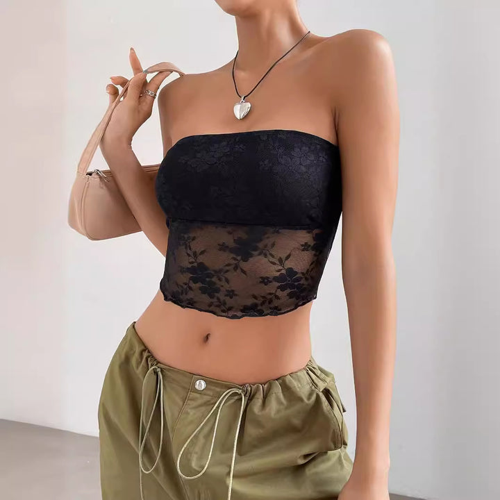 Damen transparente Crop-Top mit floralen Details Drune