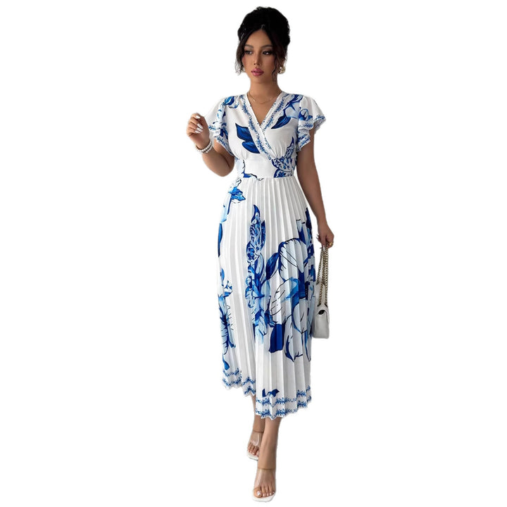 Damen Plissiertes Maxi-Jersey-Kleid mit floralen Akzenten und V-Ausschnitt Drune