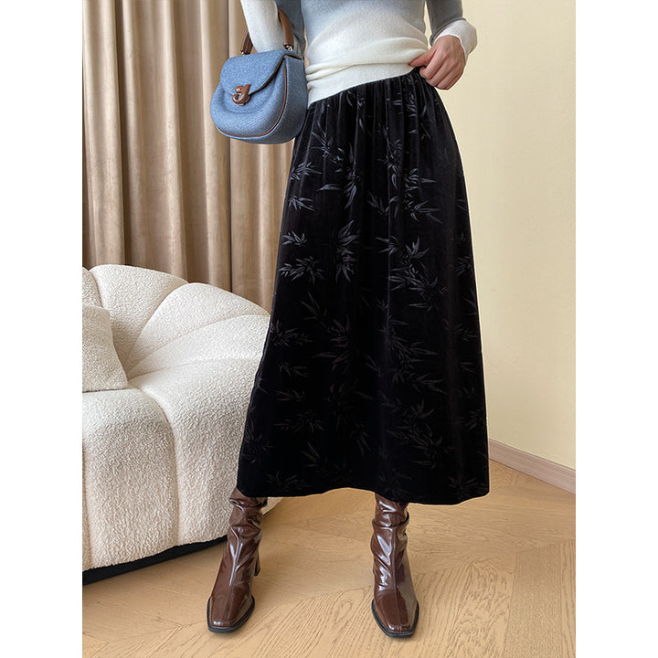 Damen Eleganter Midirock aus samtigem Material mit floralem Design Drune