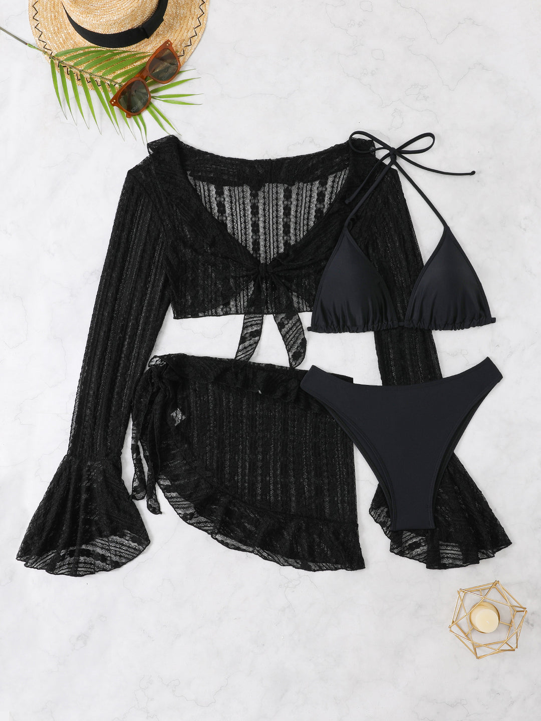 Damen zweiteiliges Badeanzug-Set mit verführerischem Spitzenoberteil und hoch taillierter Hose Drune