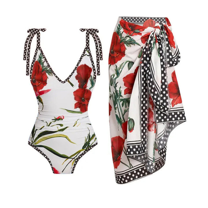 Damen Einteiler Badeanzug mit floralen Akzenten und passendem Wickelrock Drune
