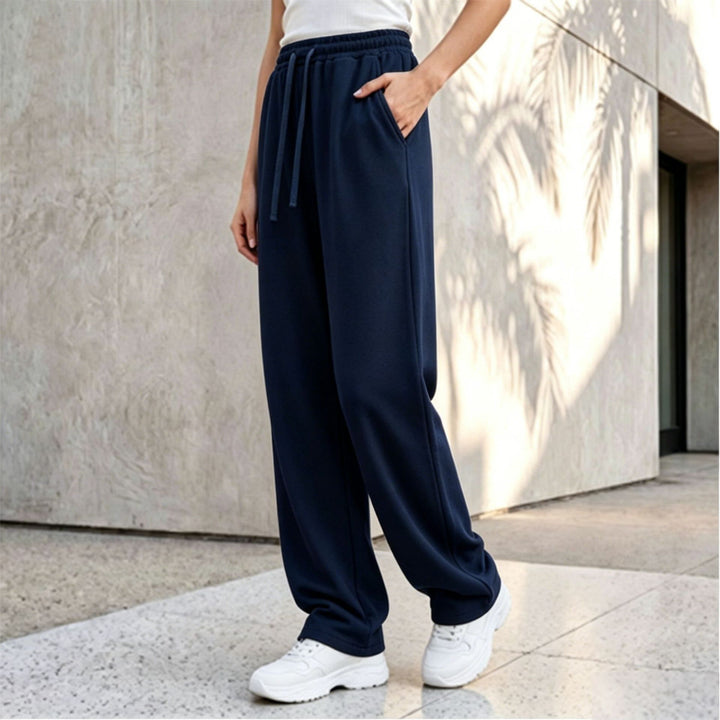 Damen nan weite Loungepalazzo-Hose mit hohem Komfortbund, Kordelzug, seitlichen Eingrifftaschen und dekorativer Seitennaht Drune