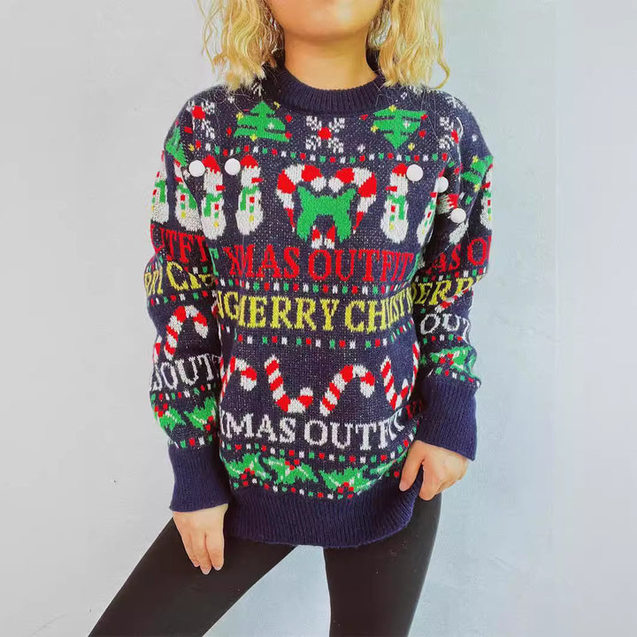 Damen weihnachtlicher Pullover mit bunten Motiven und lustigen Applikationen Drune