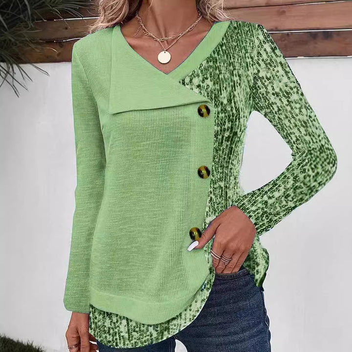 Damen Modisches Langarmshirt mit asymmetrischem Kragen und dekorativen Knopfdetails Drune