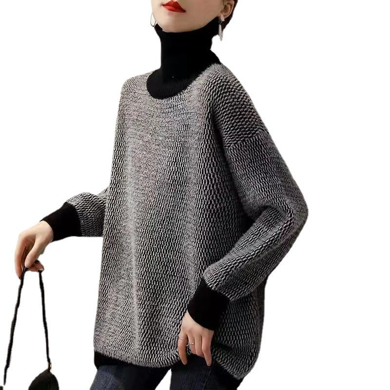 Damen Grobstrickpullover mit hohem Kragen und modernem Muster Drune